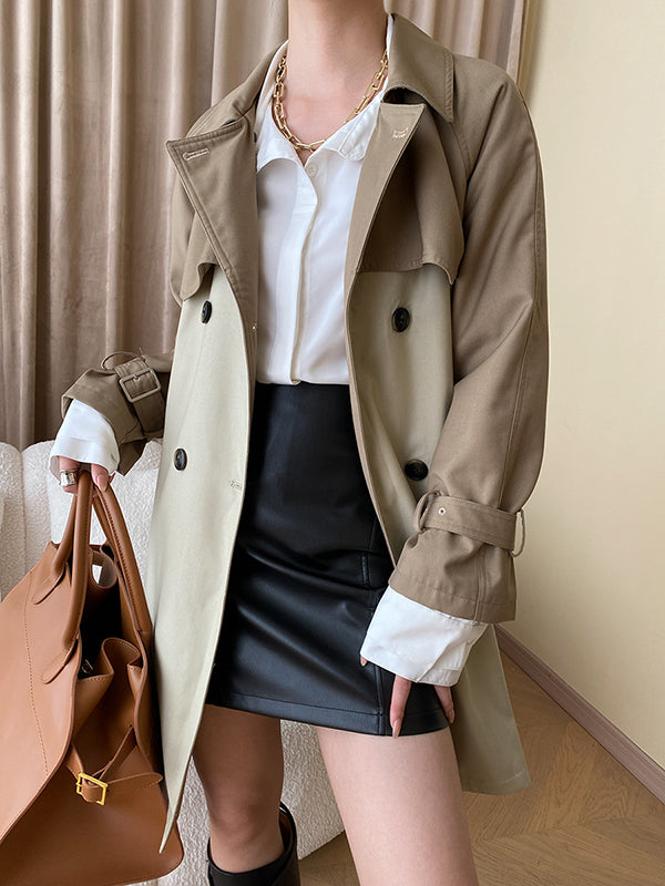 Buttoned Contrast Color Split-Joint Tied Waist Long Sleeves Loose Lapel Trench Coats