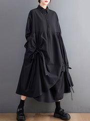 Buttoned Pleated Pockets Solid Color Tied A-Line Long Sleeves Lapel Shirt Dress Midi Dresses