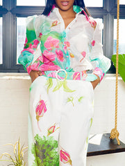 Long Sleeves Loose Floral Printed Gauze See-Through Split-Joint Lapel Blouses&Shirts Tops