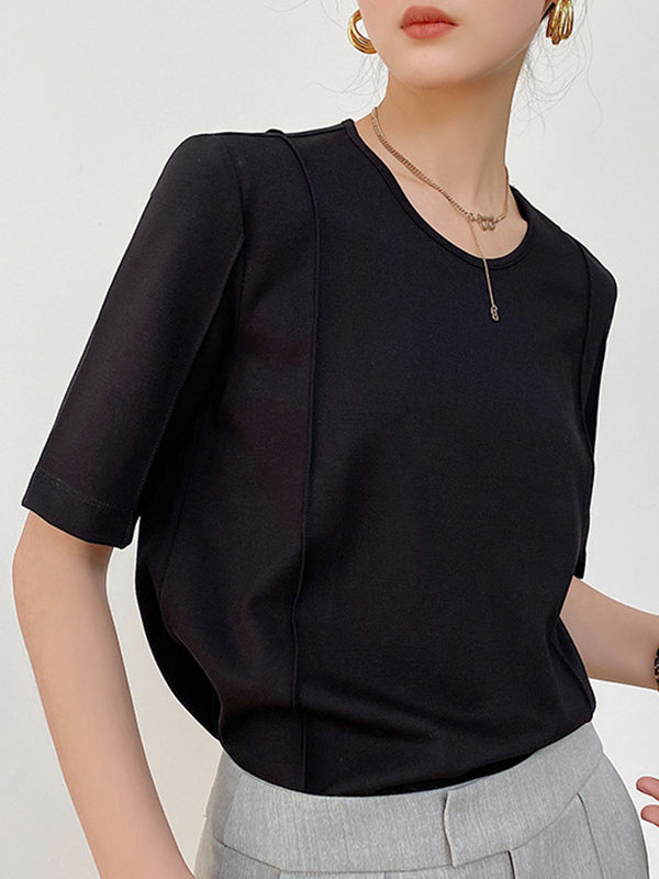 Solid Color Split-Joint Half Sleeves Round-neck T-Shirts Tops