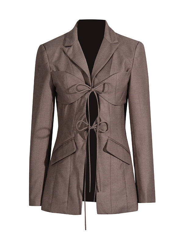 Pockets Solid Color Tied Long Sleeves Loose Notched Collar Outerwear Blazer