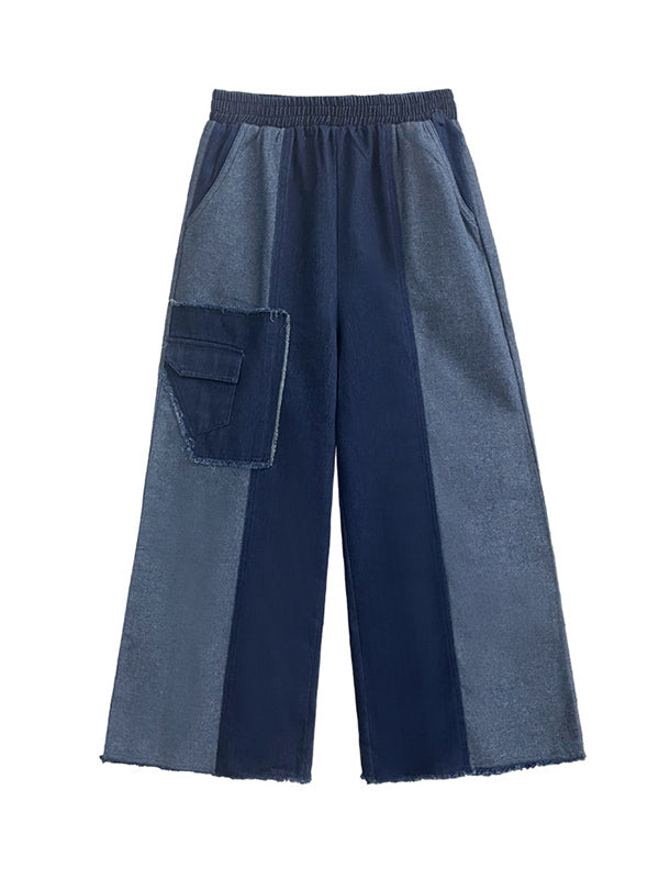 Contrast Color Elasticity Fringed Split-Joint High Waisted Loose Jean Pants Bottoms