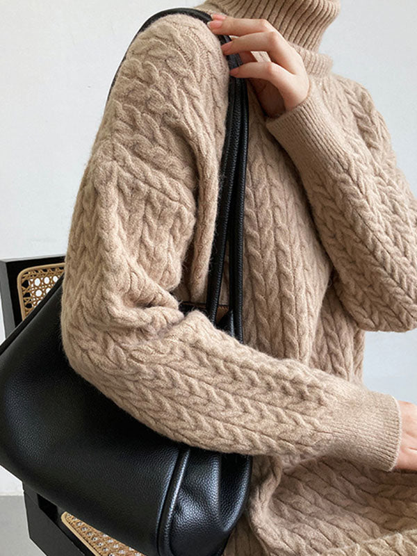 Stylish Loose Long Sleeves Solid Color High-Neck Twist Sweater Dresses