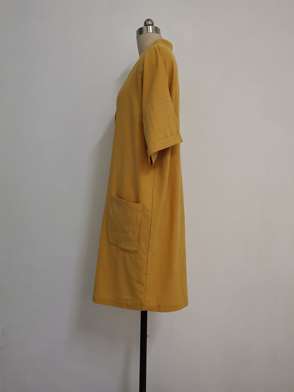 Pockets Solid Color Split-Joint A-Line High Waisted V-Neck Mini Dresses