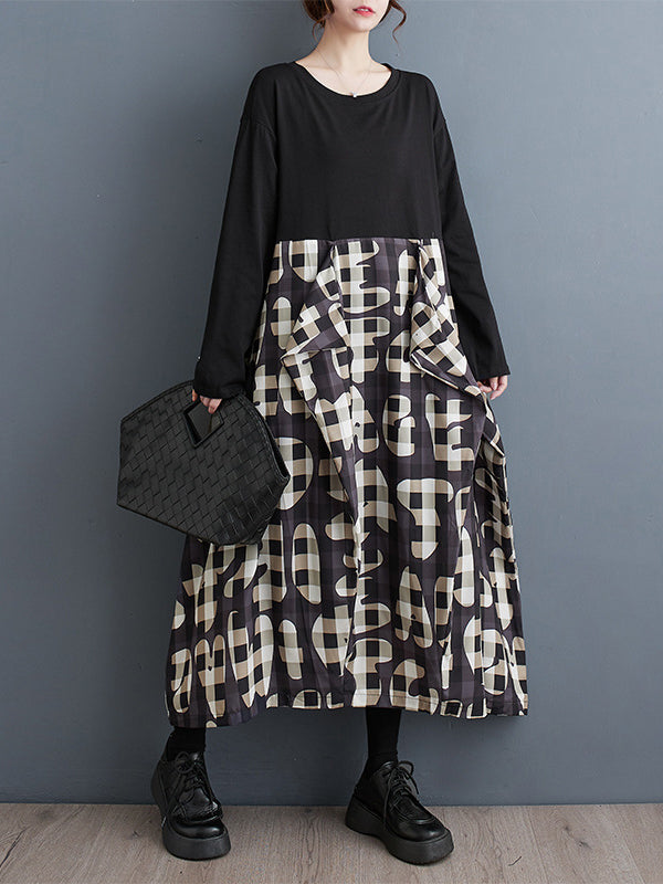 Printed Ruffled Split-Joint A-Line Long Sleeves Round-Neck Midi Dresses