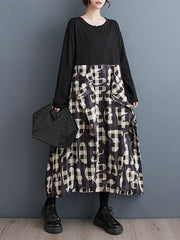 Printed Ruffled Split-Joint A-Line Long Sleeves Round-Neck Midi Dresses