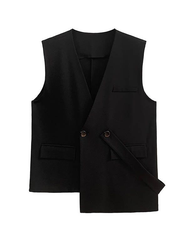 Asymmetric Split-Joint Tied Waist Loose Sleeveless V-neck Vest Outerwear