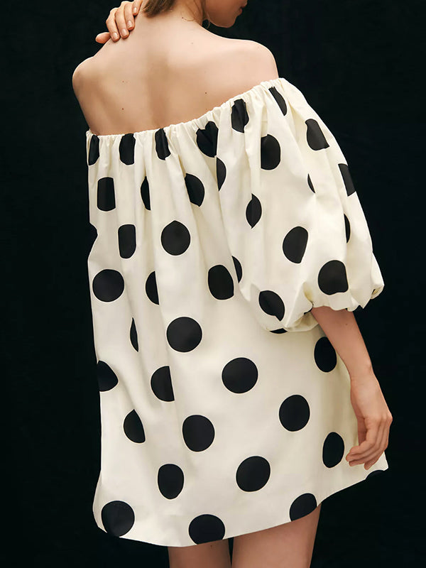 Polka-Dot Half Sleeves Loose Off-The-Shoulder Mini Dresses