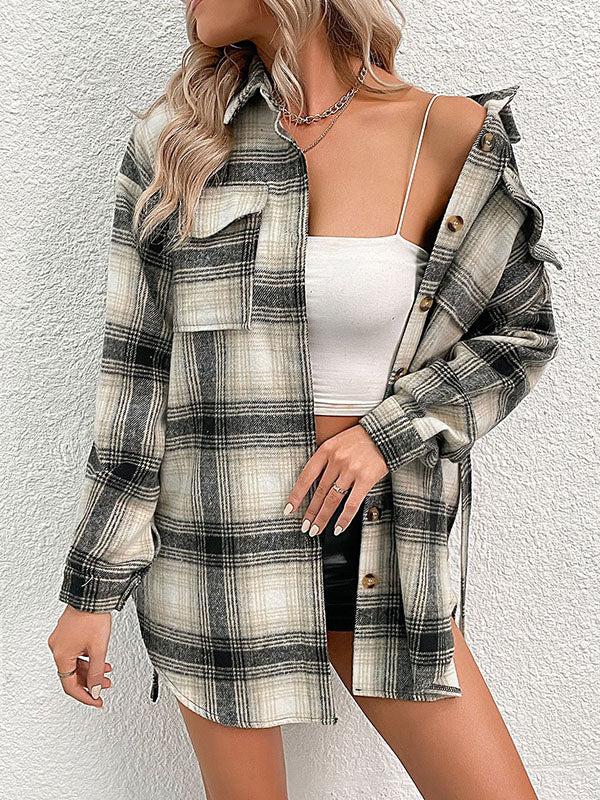 Pleated Pockets Split-Joint Tied Waist Long Sleeves Loose Lapel Blouses&Shirts Tops