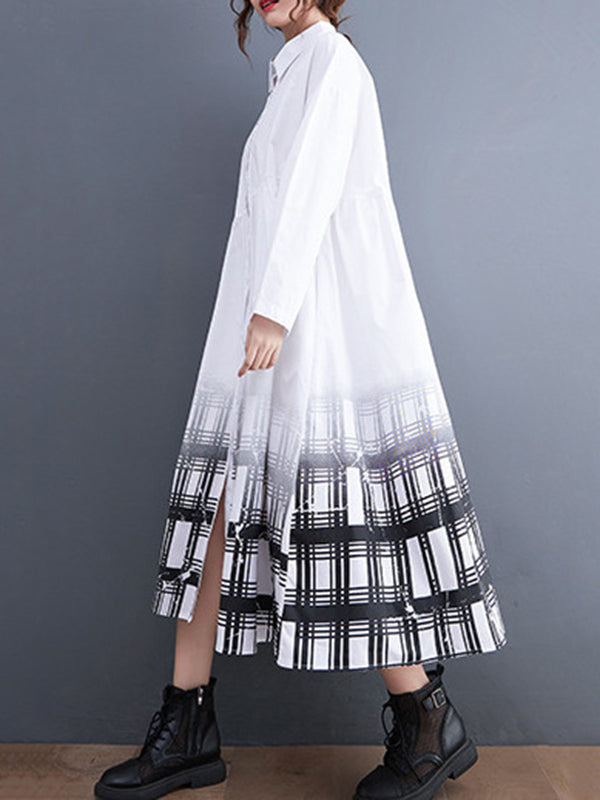Buttoned Gradient Plaid A-Line Long Sleeves Lapel Midi Dresses