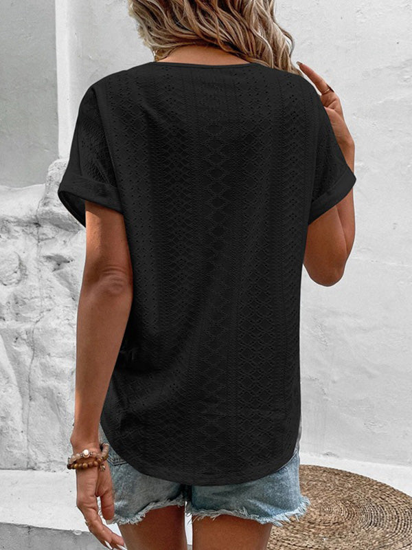 Hollow Solid Color Split-Joint Loose Short Sleeves V-Neck T-Shirts