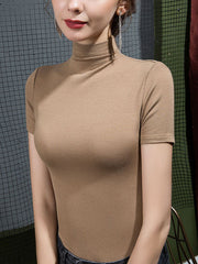 Solid Color Short Sleeves Skinny High-Neck T-Shirts Tops