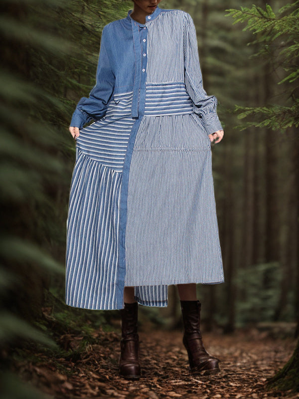 Asymmetric Buttoned Contrast Color Split-Joint Striped Tied Waist High Waisted Long Sleeves Mock Neck Midi Dresses