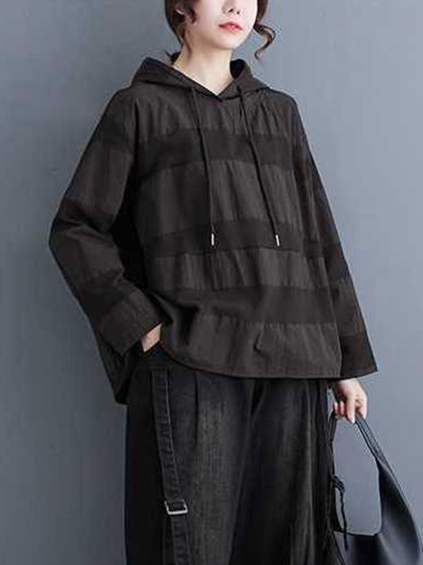 Drawstring Hooded Solid Color Split-Joint Long Sleeves Loose Round-Neck Hoodies Tops