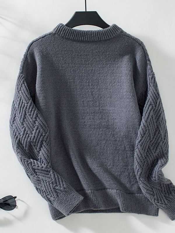 Solid Color Split-Joint Long Sleeves Loose Round-Neck Sweater Tops Pullovers