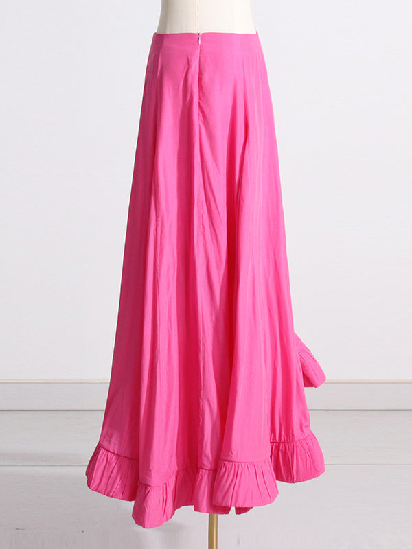 Pleated Ruffled Solid Color High Waisted High-Low Mock Neck Two Pieces Set