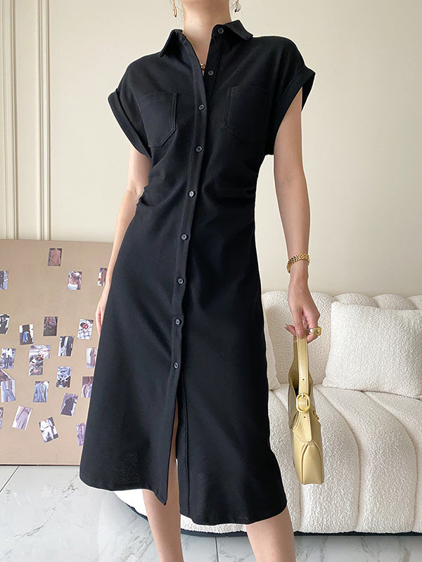 Buttoned Pleated Pockets Solid Color Split-Joint High Waisted Loose Lapel Midi Dresses