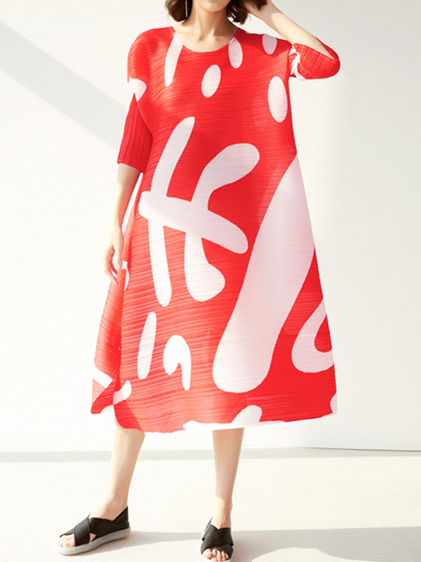 Pleated Print Half Sleeves Loose Round-neck Midi Dresses