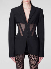 Buckle Gauze See-Through Solid Color Split-Joint Long Sleeves Notched Collar Blazer