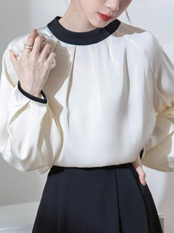 Contrast Color Pleated Split-Joint Loose Puff Sleeves Stand Collar Blouses