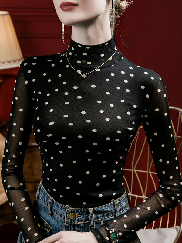 Polka-Dot Long Sleeves Plus Size Mock Neck T-Shirts Tops