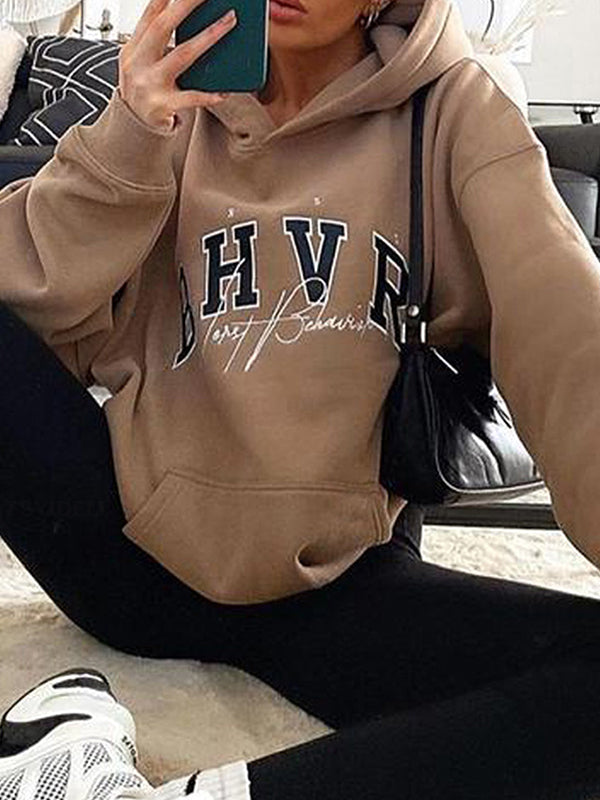 Keep Warm Letter Print Velvet Long Sleeves Loose Hooded Hoodies Tops