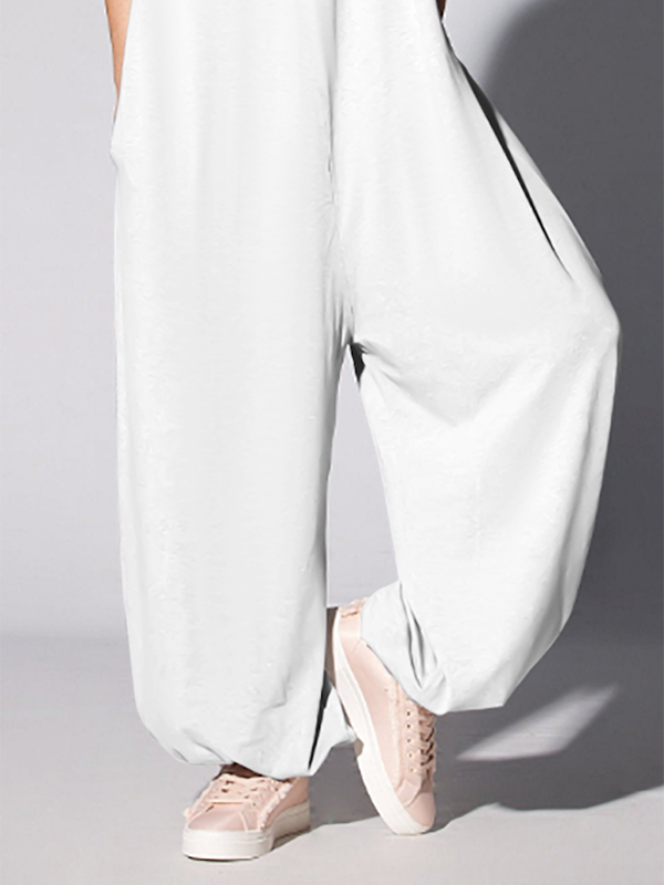 Loose Short Sleeves Lip Applique Embroidered Round-Neck Jumpsuits