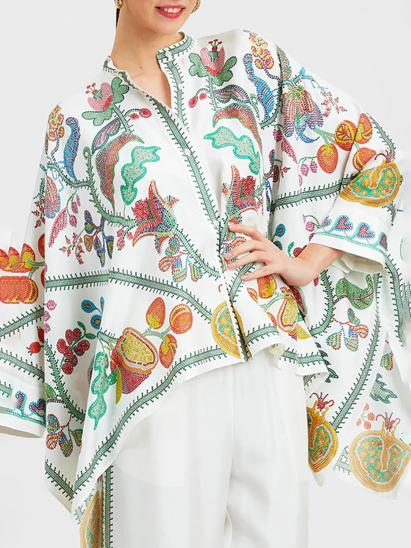 Buttoned Flower Print Batwing Sleeves High-Low Mock Neck Blouses&Shirts Tops