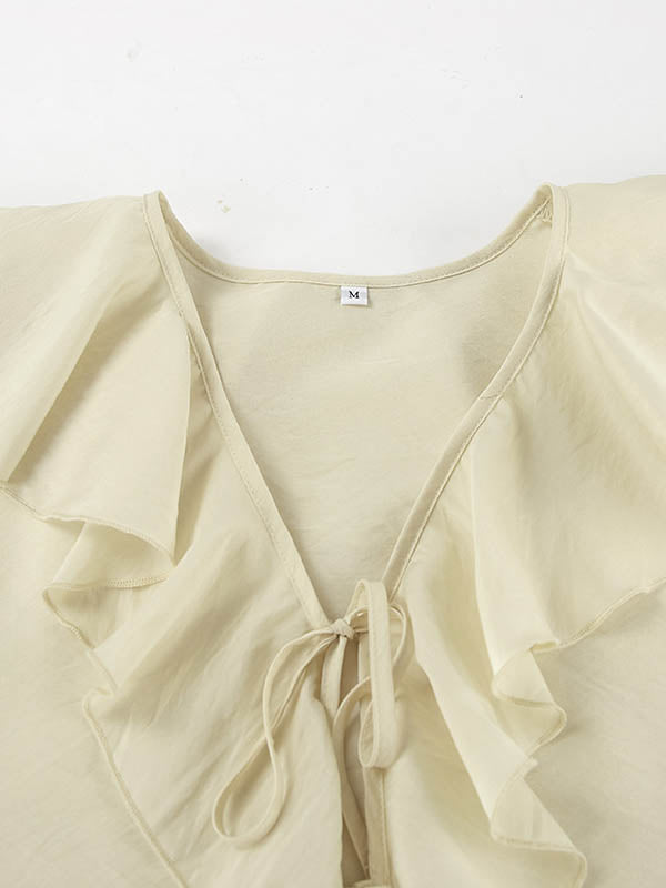 V-Neck Long Sleeves Loose Ruffle Trim Solid Color Tied Blouses&Shirts Tops + Elasticity Shorts Bottom Two Pieces Set