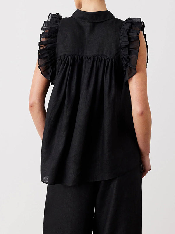 Buttoned Hollow Mesh Pleated Ruffled Solid Color Split-Joint High-low Loose Lapel Vest Top