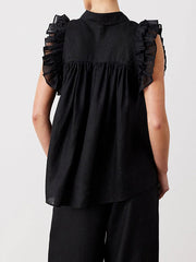 Buttoned Hollow Mesh Pleated Ruffled Solid Color Split-Joint High-low Loose Lapel Vest Top
