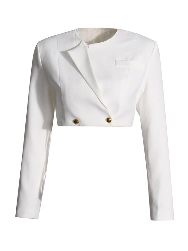 Round-Neck Long Sleeves Buttoned Solid Color Split-Joint Blazers Top +Zipper  Wide Leg Mesh Pleated Pants bottom Two Pieces Set
