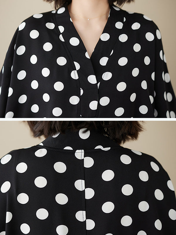 Polka-Dot Loose Short Sleeves V-Neck Midi Dresses