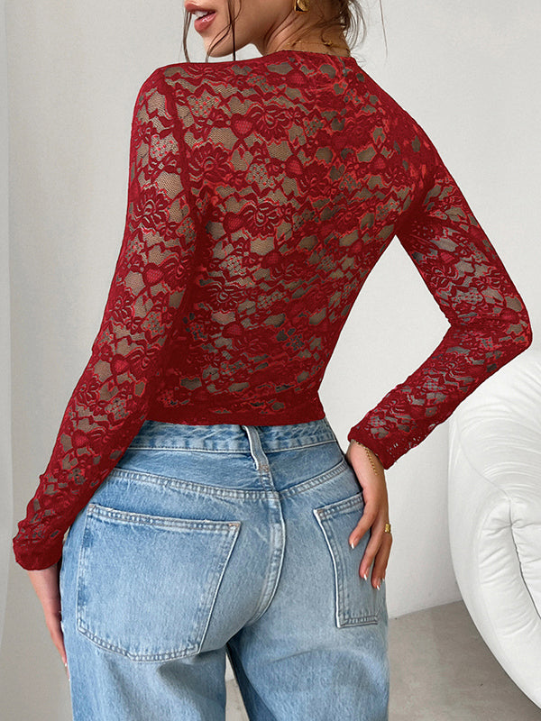 Bow-Embellished Flower Print Hollow See-Through Split-Joint Tied Long Sleeves Skinny Square-Neck Blouses&Shirts Tops