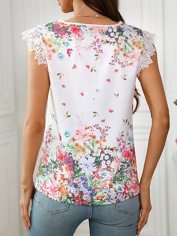 Flower Print Loose Sleeveless V-Neck Blouses&Shirts Tops