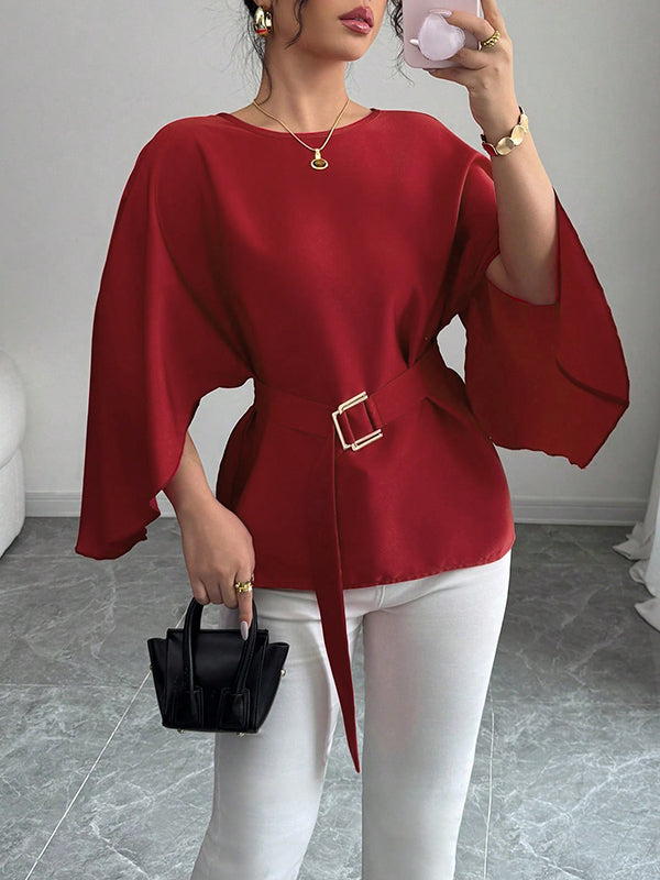 Split-Joint Tied Waist Batwing Sleeves Round-Neck Blouses&Shirts Tops