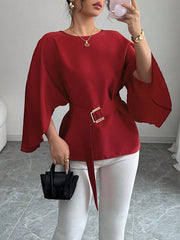 Split-Joint Tied Waist Batwing Sleeves Round-Neck Blouses&Shirts Tops