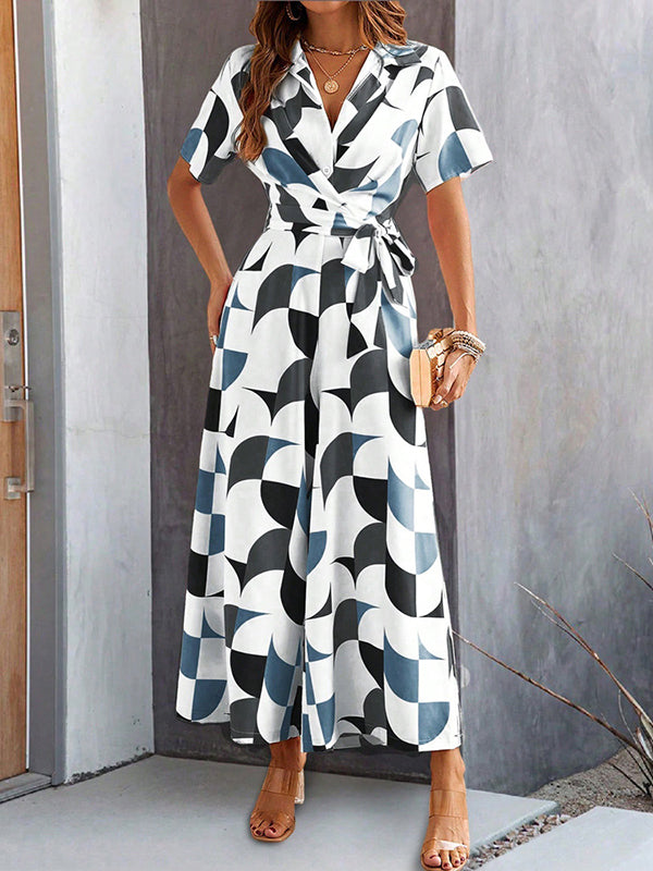 Buttoned Contrast Color Tied Waist High Waisted Loose V-Neck Jumpsuits