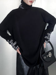Letter Print Split-Joint Long Sleeves Loose High Neck T-Shirts