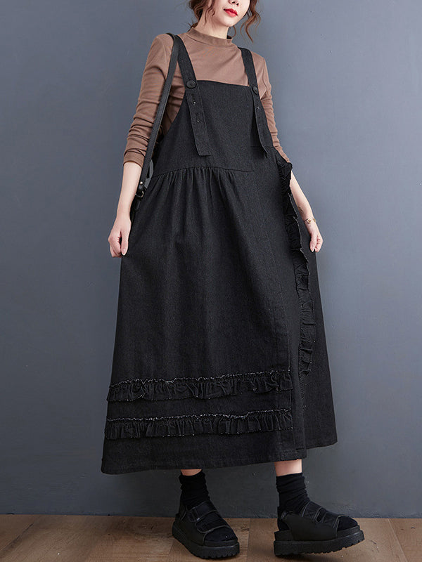 Oversize Loose Falbala Solid Color Denim Midi Dresses