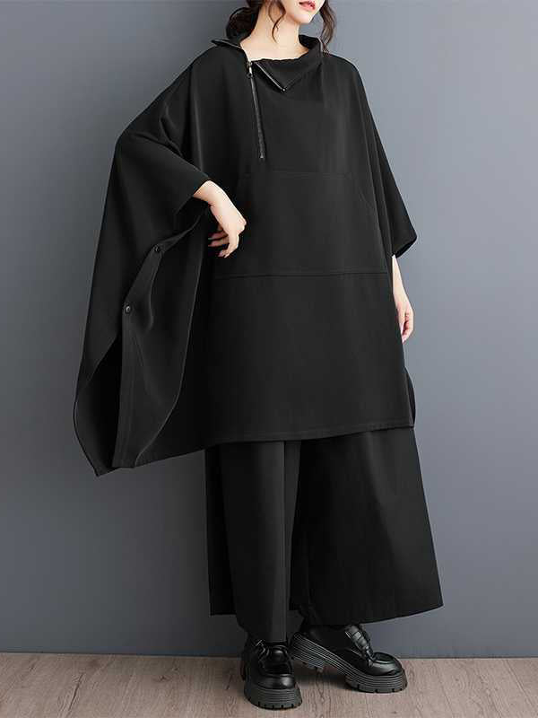 Buttoned Pockets Solid Color Zipper Batwing Sleeves Loose Mock Neck Sweatshirt Tops