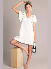 Comfort Solid Color Flared Sleeves Loose V-neck Mini Dresses