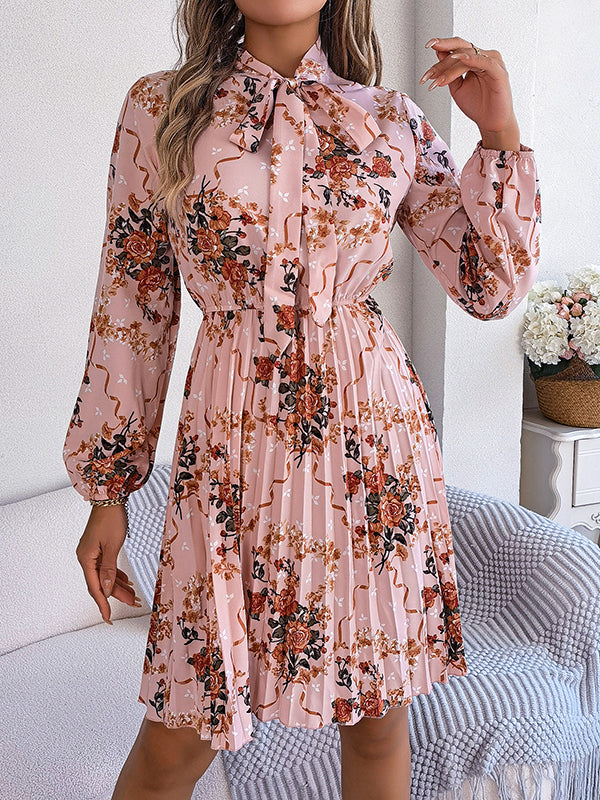 Elasticity Flower Print Pleated Tied Long Sleeves Loose Round-Neck Mini Dresses