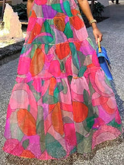 Contrast Color Printed Loose Short Sleeves Round-Neck Maxi Dresses