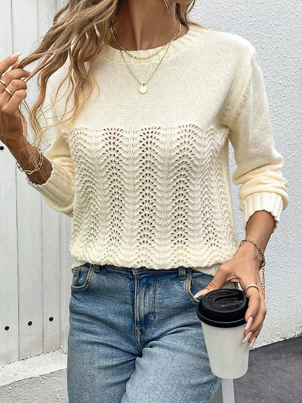 Hollow Solid Color Long Sleeves Loose Round-Neck Sweater Tops Pullovers