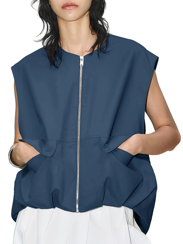 Pockets Split-Joint Zipper Loose Sleeveless Round-Neck Vest Outerwear
