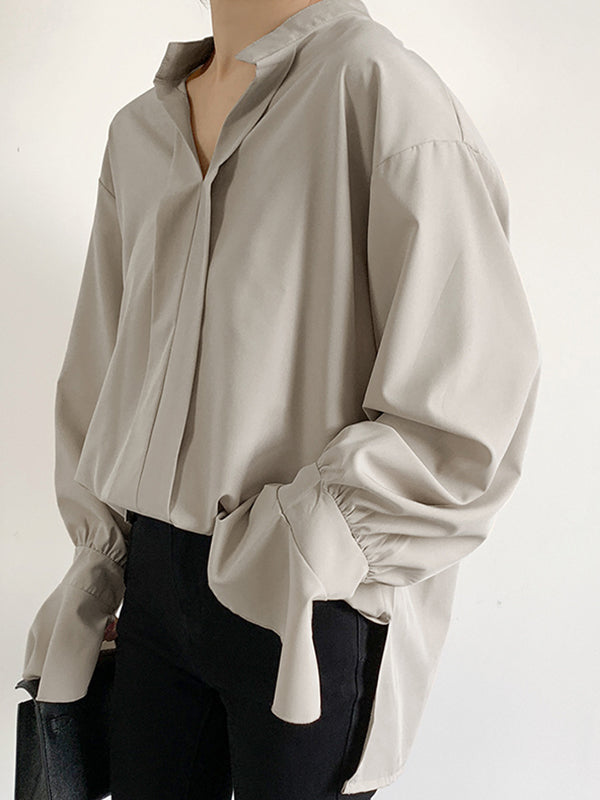 Buttoned Solid Color Split-Side Flared Sleeves High-Low V-Neck Blouses&Shirts Tops