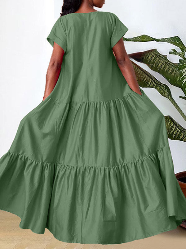 Pleated Solid Color Split-Joint A-line Loose V-neck Maxi Dresses