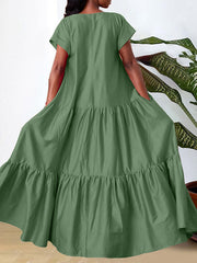 Pleated Solid Color Split-Joint A-line Loose V-neck Maxi Dresses