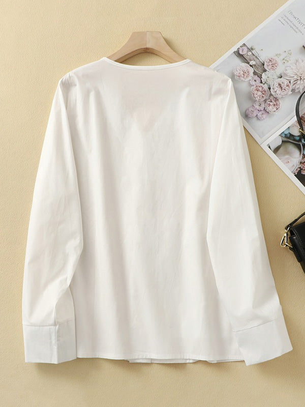 Pockets Solid Color Long Sleeves Loose V-Neck Blouses&Shirts Tops